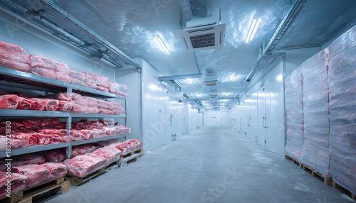 Wallpaper Mural Medium shot capturing energyefficient cold storage room featuring modern insulation and LED lighting maintaining stable climate for meat storage Torontodigital.ca