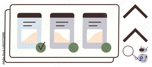 Three file cards with highlighted text and progress indicators, checkmark for selection, arrows for progress, magnifying glass, and camera. Ideal for review, decision-making, analytics, workflow