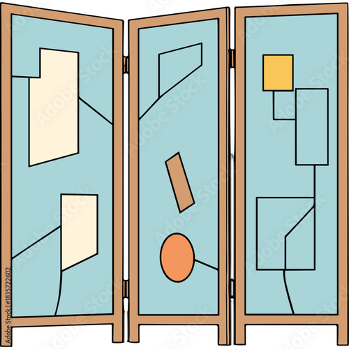 Abstract Geometric Design Folding Screen With Panels Of Light Blue Background Cream Shapes Rectangles And Circles In Wood Frame