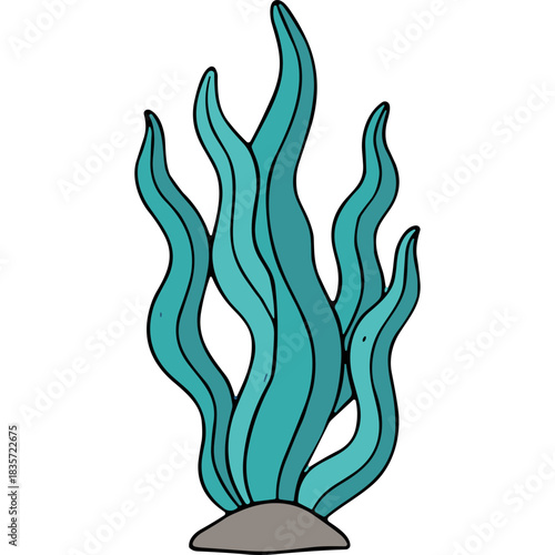 Abstract illustration of vibrant teal sea kelp growing from a sandy ocean floor with a simple dark background suitable for aquatic themes