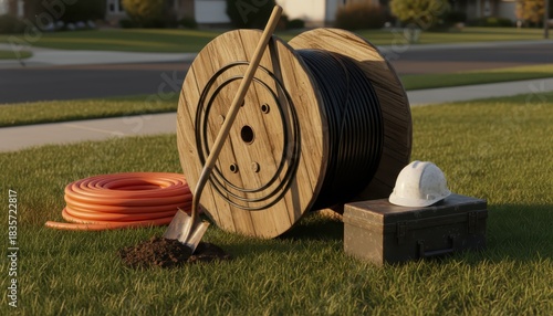 Fiber optic cable installation setup on a suburban lawn. Large spool, shovel, hard hat, and conduit for broadband infrastructure.