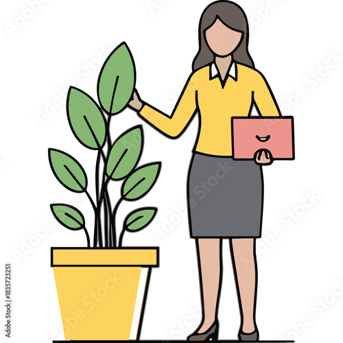 Business Woman Caring for a Potted Plant in a Yellow Shirt Gray Skirt Holding a Pink Folder in a Neutral Setting