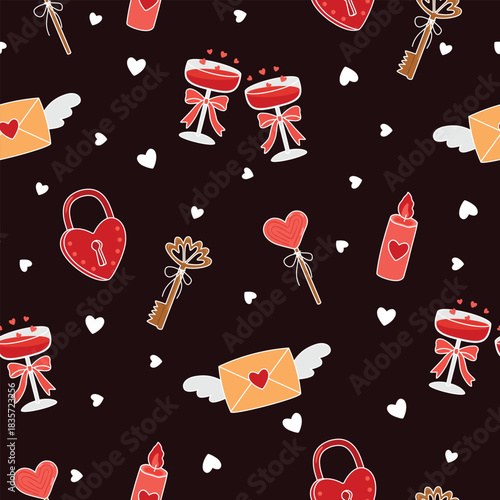 Valentine's Day seamless pattern with key, lock, candle, love letter, drink, candy, bow. Red, beige colors on dark brown background. Romantic objects with white outlines. Vector love-themed design. 