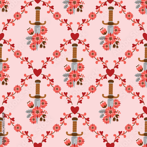 Romantic seamless pattern with hearts, dagger in floral composition and diagonal stripes of ornament. Red, brown, grey colors on pink background. Valentine's day vector design for printing on fabric.