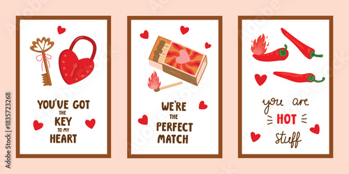 Valentine's Day posters set with hand written. Heart-shaped lock and key, hot pepper, matches with fire and lettering. Romantic cartoon objects on a white background. Vector love-themed design.