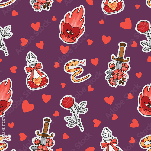 Valentine's Day seamless pattern with love potion, funky heart, snake, rose, dagger in a flower arrangement. Red, pink, brown colors on violet background. Vector romantic objects with outlines.
