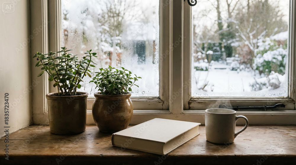 Fototapeta premium Cozy winter escape with steaming coffee, book, and snowy view from window for peaceful reading and relaxation indoors on a cold day