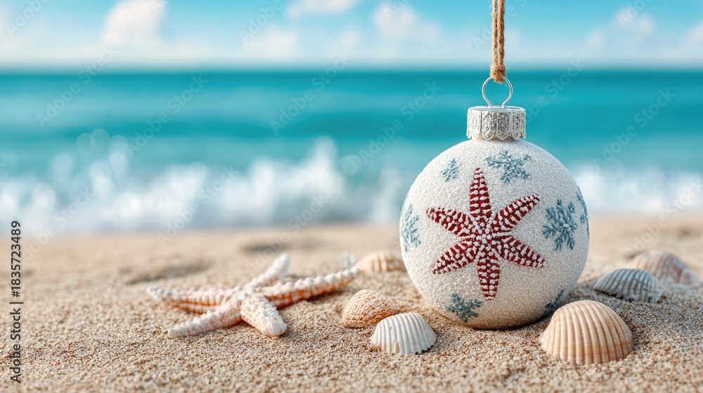Naklejka premium Christmas ornament with starfish on beach
