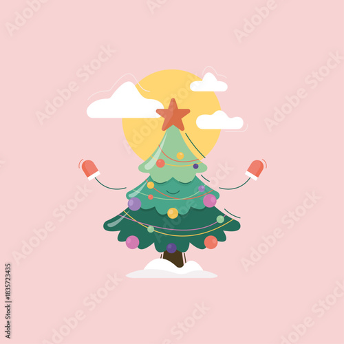Cute cartoon Christmas tree with mittens in a pastel winter scene with snow, clouds and a warm sun. Whimsical flat Christmas illustration for greeting cards, posters and holiday designs
