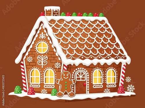 Festive Gingerbread House with Candy Decorations and a Smiling Gingerbread Man.