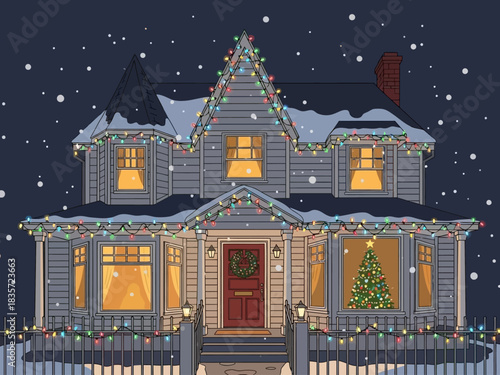Festive Victorian House Decorated with Christmas Lights in Winter Snowfall.