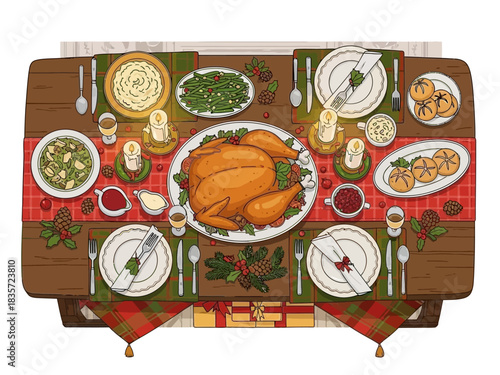 Festive Thanksgiving Dinner Table with Roasted Turkey and Holiday Decorations.