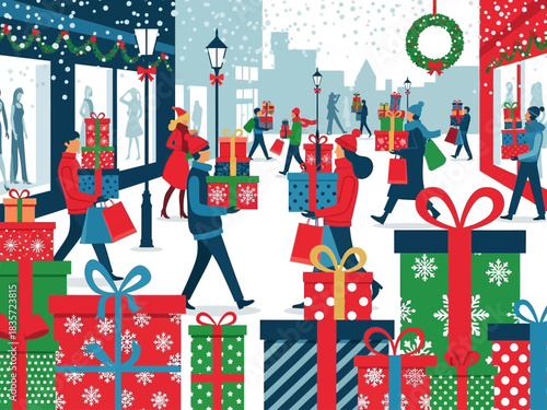 Festive Holiday Shopping Scene with People Carrying Gifts.