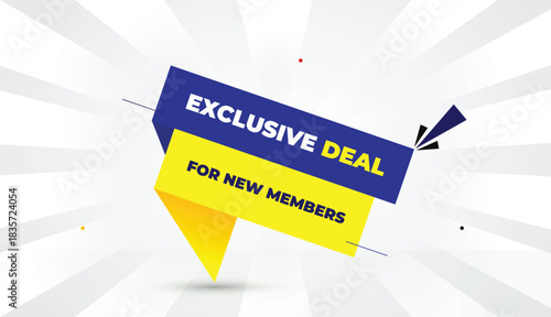 exclusive deal new members editable eps format web banner vector art illustration template design yellow blue shapes bold font white gray gradient abstract illustration sun shine background 4k busines