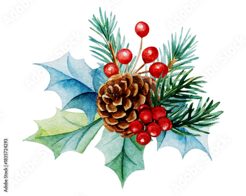 Isolated watercolor composition featuring a large brown pineapple, a cluster of red berries, and green and blue holly leaves with pine needles. Ideal for Christmas cards or winter party decorations.