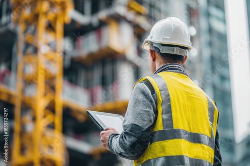 Rear view of construction worker holding a tablet at high-rise site