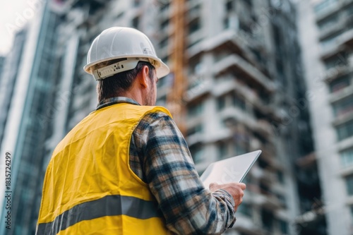 Rear view of construction worker holding a tablet at high-rise site