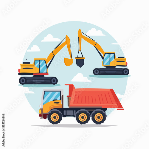 A vibrant illustration showcasing construction vehicles, including excavators and a dump truck, against a backdrop of clouds, perfect for design.