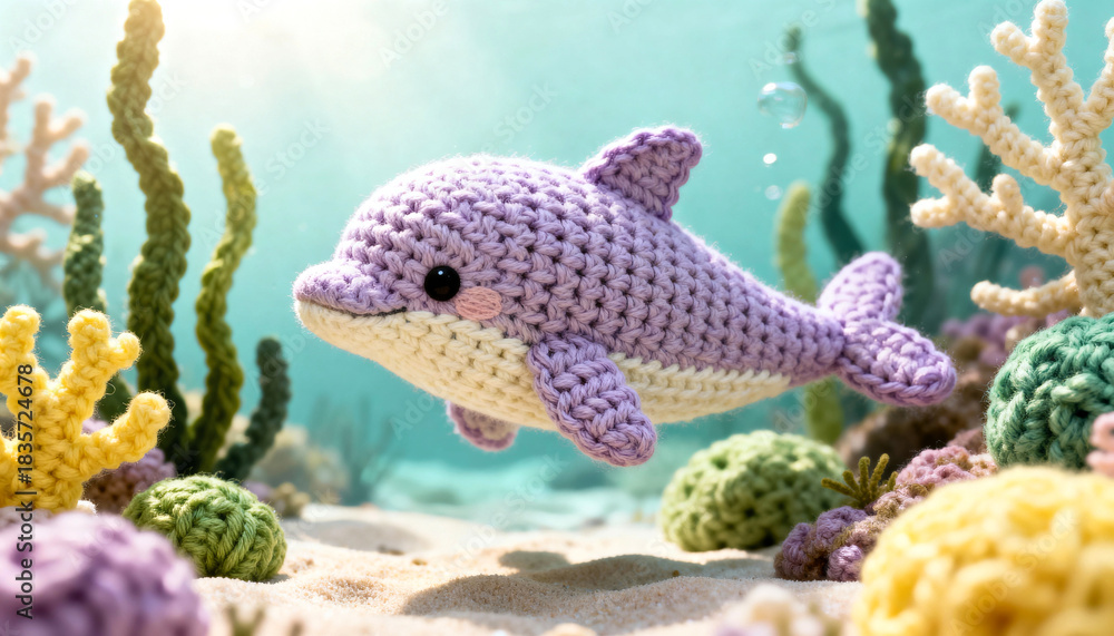 Fototapeta premium Crocheted undersea world illustration with cute swimming dolphin, soft yarn-texture corals and seaweeds, cozy handmade ocean scene, knitted marine artwork in crochet style.