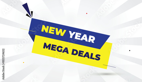 new year mega deals editable eps format web banner vector art illustration template design blue yellow shapes bold font white gray gradient abstract sun shine business background 4k promotion sale mod
