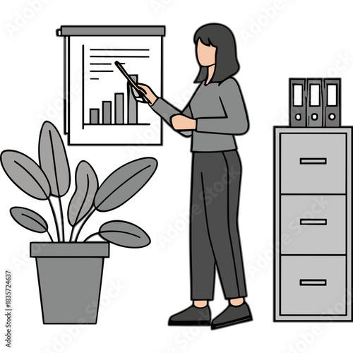 Businesswoman presenting financial report with bar graph on flip chart in modern office with filing cabinet and potted plant in monochrome style