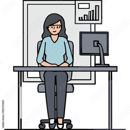 Businesswoman Sitting At Desk In Office With Computer And Chart Displayed On Wall Behind Her Organized Workspace