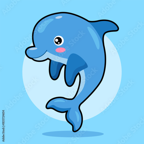 Vector cute, cartoon dolphin illustration on a light blue background. Kids ocean animal artwork, marine character clipart.

