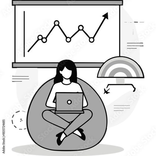 Businesswoman Works On Laptop Sitting On Beanbag Chair In Front Of Growth Chart Presentation With Rainbow Icon And Office Chair Element In Minimalist Style