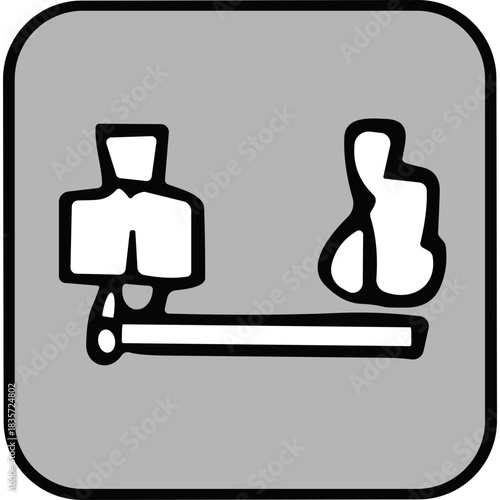 Abstract minimalist representation of two figures on a scale against a gray background with thick black outlines and white fill depicting balance or comparison with a long horizontal bar