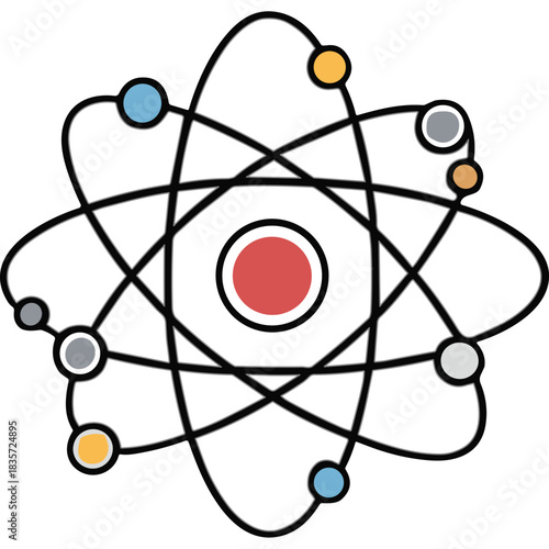 Abstract Representation of Atomic Structure with Electrons Orbiting a Nucleus in a Stylized Geometric Design with Color Accents on a Black Background