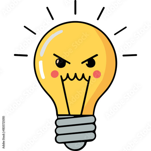 Angry Yellow Light Bulb Character with Squiggly Mouth and Dark Eyes Expressing Frustration or Negative Idea Against Black Background