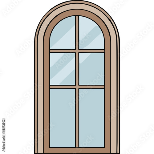 Arched Window with Light Blue Glass and Brown Frame Simple Line Drawing Isolated on Black Background