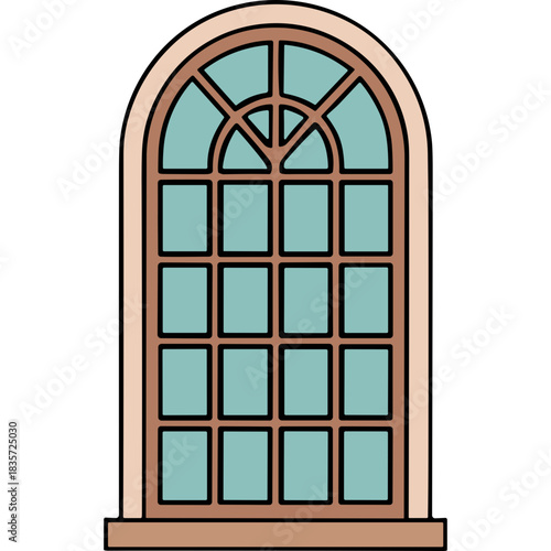 Arched Window with Multiple Panes Light Blue Glass Wood Frame Cream Border Rustic Architectural Element Natural Light Interior View