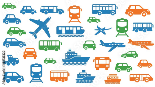 Colorful transportation seamless pattern featuring cars, airplanes, trains, ships, and buses