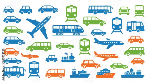 Collection of various public transportation icons, diverse and colorful transportation options