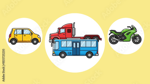 Illustrative depiction showcases car, truck, bus, and motorcycle in a stylized composition