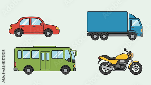 Collection of outlined cartoon vehicles representing transportation diversity icon set