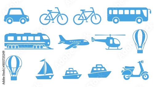Collection of blue transportation icons showcasing vehicles of various types