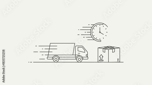 Fast delivery service vector line illustration with truck, box and clock symbol