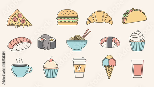 Colorful and playful line art illustration featuring an array of delectable food items