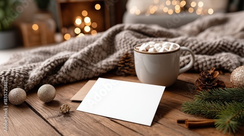 Cozy Christmas flat lay with blank card and hot cocoa