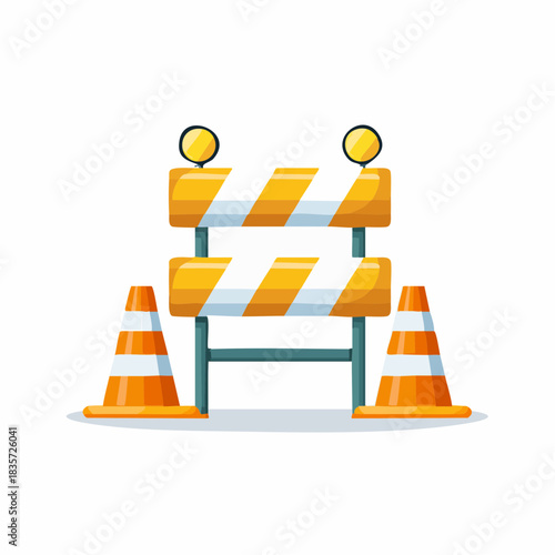 A cartoon illustration depicts a road barrier with warning lights and traffic cones, indicating construction or a blocked passage ahead.