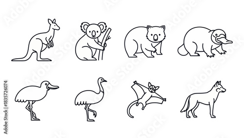 Outlined Australian Animal Lineup with Kangaroo, Koala, Wombat, Platypus, and Emu