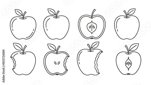 Hand-drawn apple illustrations, a sequence of whole, sliced and bitten apples with leaves isolated