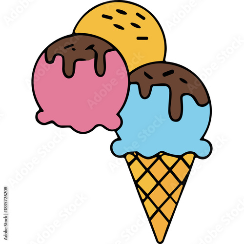 Assortment Of Three Delicious Ice Cream Scoops Strawberry Blue And Vanilla Flavors With Chocolate Drizzle In A Crispy Waffle Cone On A Black Background