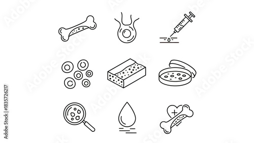 Monochrome line art of cellular biology and medical diagnostics in a vector style compilation