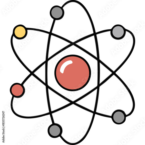 Atomic Structure Illustration Featuring Red Orange Sphere Orb Center Surrounded by Grey and Yellow Orbiting Particles on Black Background Simple Clean Design