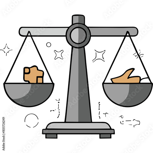 Balance scale with uneven weights representing abstract concepts of justice and fairness in a grey and gold color scheme with sparkling highlights and deep shadows