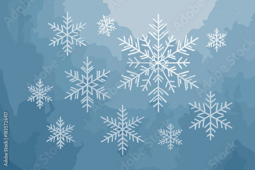 Frosty Snowflake Patterns. Frosty window pane with delicate vector illustration snowflake patterns, cool blue tones, soft diffused