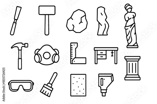 Sculpting Workshop Tools. Line style icons of Sculpture Workshop: Chisel, Mallet, Raw Stone, Polished Statue; Hammer, Dust Mask,